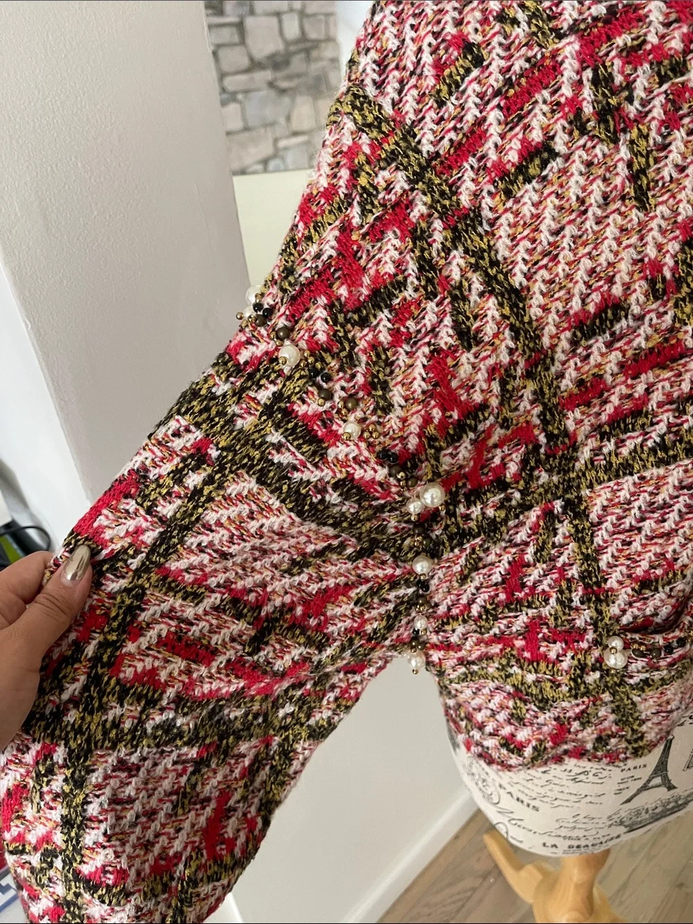 Zara Red, White & Green Tweed Pearl-Trim Hooded Jacket